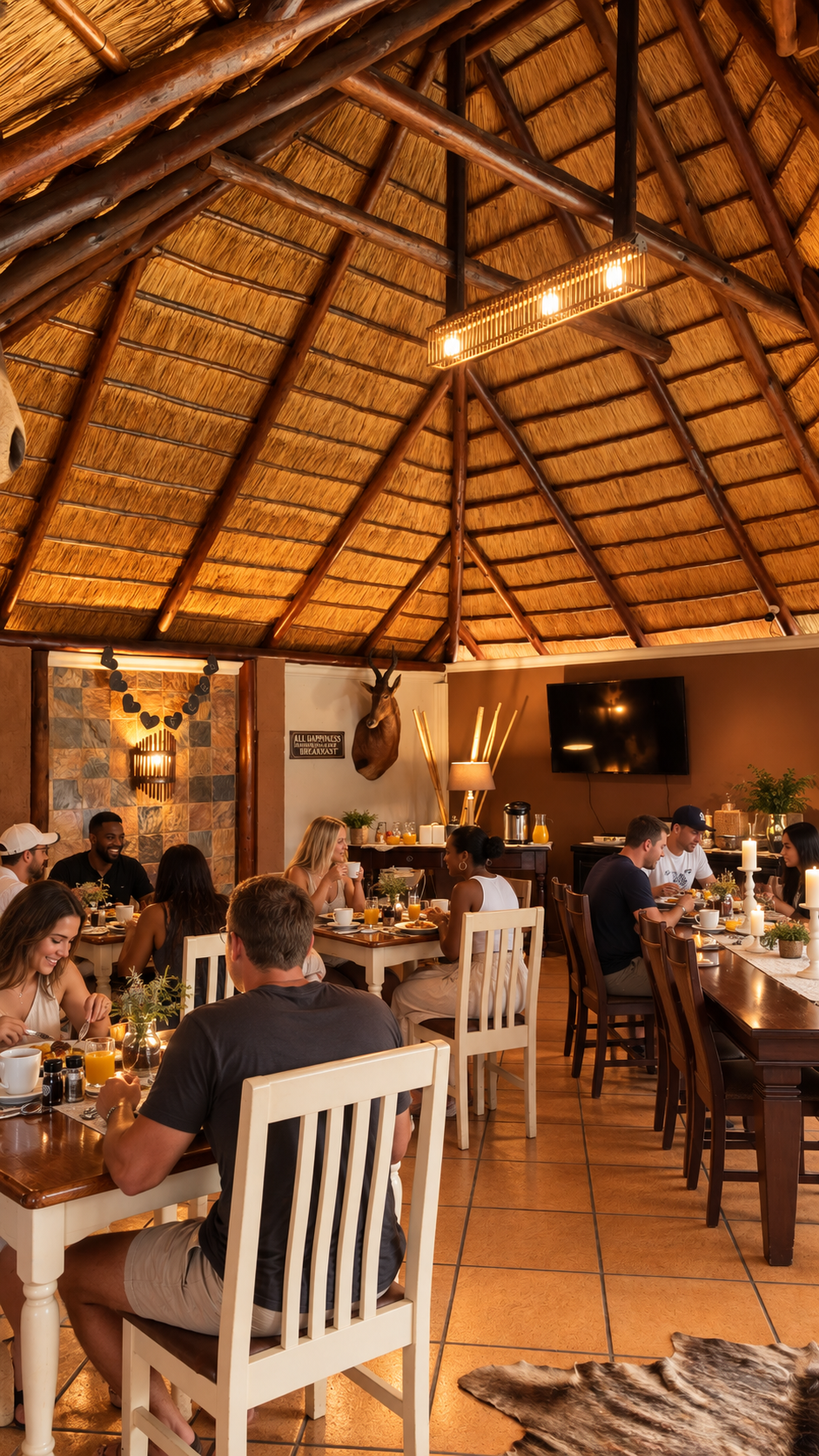 Guests enjoying breakfast in the thatched lapa dining area at Big 5 Guesthouse
