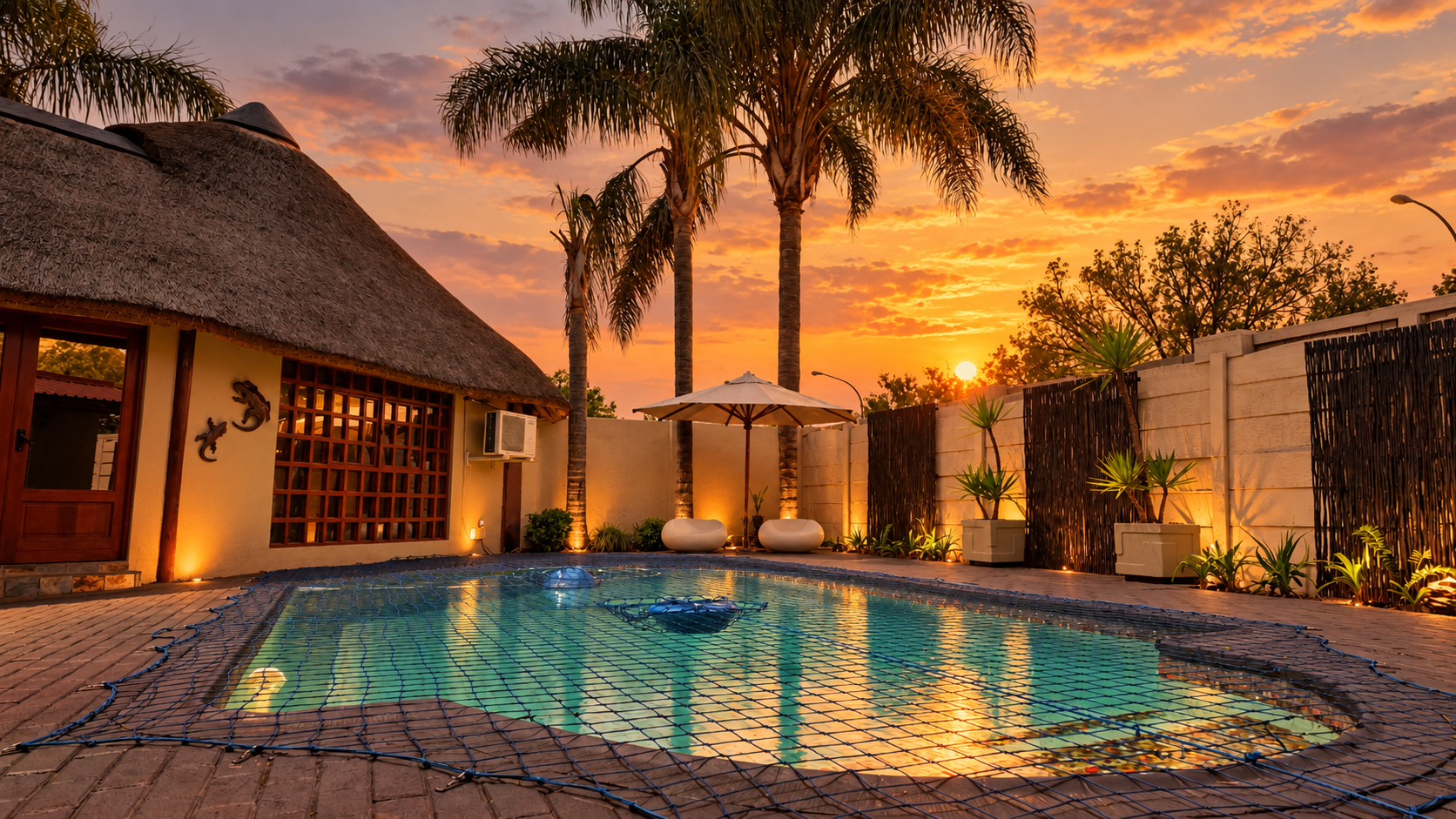Big 5 Guesthouse near O.R. Tambo Airport — pool and thatched lapa at sunset